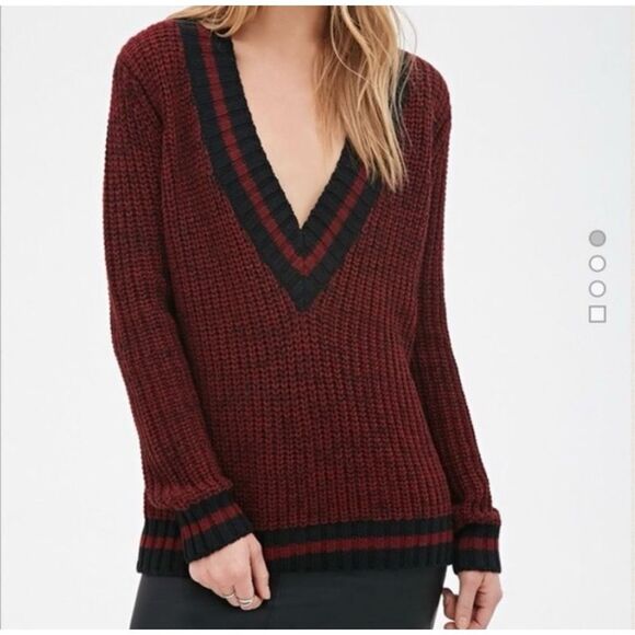 ✨Forever 21 Cable Knit Burgundy Varsity V Neck Striped Trim Sweater✨ - Picture 1 of 7